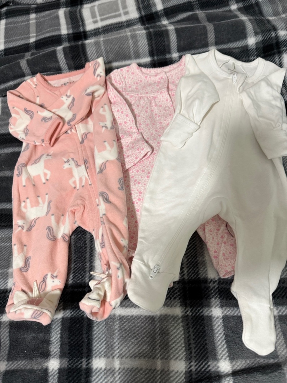 Pink Unicorn Footed & Pink flowered non-footed & White Footed Pajamas Set